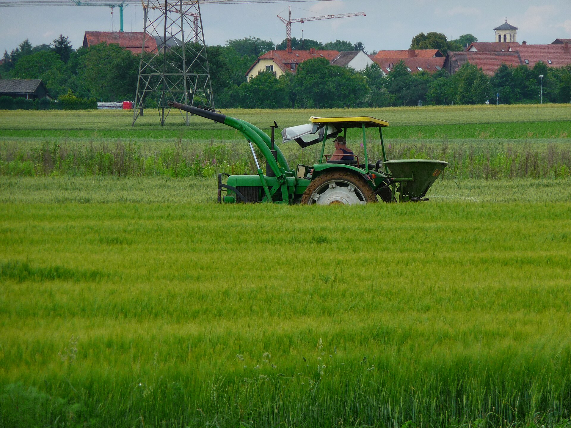 Traktor bei der Feldarbeit auf einem grünen Getreidefeld